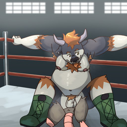 anthro ass_on_face belly berry_the_bull duo ear_piercing facial_piercing fighting_ring male male/male mask musclegut muscular musk nipple_piercing nipples nose_piercing obese overweight piercing public public_nudity sports_mask sportswear wrestler wrestling wrestling_mask nuknuks american_opossum bovid bovine cattle mammal marsupial 1:1 hi_res