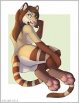 2014 4_toes anthro anyare anyare_(character) barefoot biped border breasts brown_body brown_fur brown_hair brown_tail butt digital_media_(artwork) feet felid female fur green_eyes grey_border hair hindpaw hybrid long_hair looking_at_viewer looking_back lying mammal multicolored_body multicolored_fur nude on_side pantherine pawpads paws perineum pink_nose pink_pawpads simple_background smile soles solo tail text tigon toes whiskers white_body white_fur