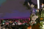 anthro city cityscape detailed_background duo eyewear female glasses high_place night on_roof scenic_view semi-anthro sitting sky standing star starry_sky sunset toony wind kawaguchi_youhei human mammal unknown_species digital_media_(artwork)