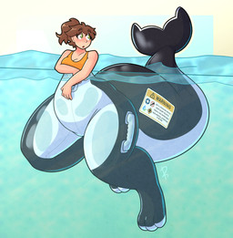 blush breasts brown_hair clothing featureless_crotch female green_eyes hair handles_on_thighs human_to_anthro inflatable looking_back looking_up nozzle_on_belly open_mouth partially_submerged pooltoy_transformation seam_(sewing) solo species_transformation surprised tail transformation warning_sign water yellow_clothing 2b-labs animate_inanimate aquatic cetacean dolphin human living_inflatable living_pool_toy mammal oceanic_dolphin orca toothed_whale 2025 digital_media_(artwork) hi_res