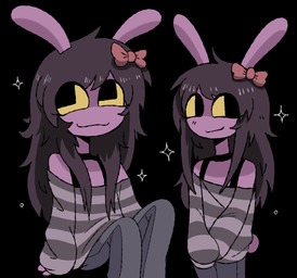 accessory ahoge anthro big_ears big_eyes black_background black_choker black_jewelry black_necklace bottomwear bow_ribbon choker clothing female fluffy fluffy_hair fur hair hair_accessory hair_bow hair_ribbon jewelry long_hair long_sleeve_shirt necklace off-shoulder_top pants pattern_clothing pattern_topwear purple_body purple_fur ribbons short_tail simple_background smile solo sparkles standing striped_clothing striped_topwear stripes tail topwear iluvrabbitz glitch_productions the_amazing_digital_circus gooseworx's_post-transition_jax_design jax_(tadc) lagomorph leporid mammal rabbit 2026 absurd_res digital_drawing_(artwork) digital_media_(artwork) hi_res trans_(lore) trans_woman_(lore)