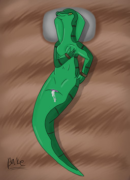animal_genitalia anthro apode bodily_fluids bracelet breasts cloaca cum cum_in_cloaca cum_inside featureless_breasts female genital_fluids genitals green_body green_scales hand_on_breast hand_on_hip hay jewelry legless looking_at_viewer markings non-mammal_breasts open_mouth pillow scales serpentine smile striped_markings stripes teeth_showing yellow_eyes bake_a_snake draconcopode naga reptile scalie snake absurd_res hi_res