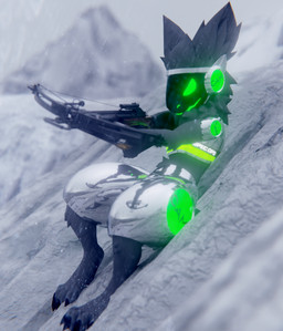 anthro armor biped body_hair breastplate c.a.m. chest_fur chest_hair chest_tuft chrome chrome_body crossbow cybernetics digitigrade fingers fluffy fluffy_ears fluffy_hair fur glistening glistening_body glowing glowing_body glowing_eyes green_body green_eyes grey_body grey_fur grey_hair gun hair holding_object holding_weapon machine male metal metallic_body military mountain neck_tuft protogen_armor protogen_face protogen_visor protogenized ranged_weapon robotic screen screen_face sliding smile snow soldier solo special_forces tuft warrior weapon malikproto nukude_(modeler) yuri_chacal canid canine canis jackal mammal protogen 3d_(artwork) absurd_res digital_media_(artwork) hi_res