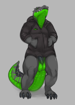 anthro balls black_body black_penis bottomless bottomless_anthro bottomless_male clothed clothing erection genitals green_body green_eyes grey_background hoodie hoodie_only male male_anthro penis simple_background solo standing teeth topwear topwear_only mintyderg koal_(huskhusky) crocodile crocodilian reptile scalie 2018