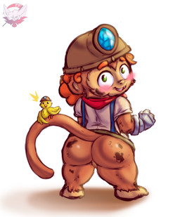 4_fingers anthro blush clothing duo feathers female fingers fur genitals grease_stains green_eyes hair looking_at_viewer looking_back looking_back_at_viewer miner_helmet missing_tooth open_mouth orange_body orange_fur orange_hair scarf shirt silver_gloves thick_thighs topwear vulva white_clothing white_shirt white_topwear wide_hips yellow_body yellow_feathers fennephilim_fox bloons_td_battles_2 bonnie_(bloons_td_battles_2) avian bird haplorhine mammal monkey primate hi_res