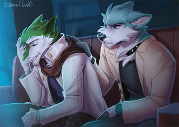 5_fingers anthro blue_body blue_fur clothed clothing duo eyebrows eyelashes eyes_closed fingers fur green_body green_fur male white_body white_fur kammi-lu brand_new_animal studio_trigger shirou_ogami canid canine canis mammal sergal wolf 2021 digital_media_(artwork)