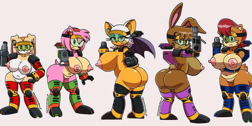 accessory anthro arm_armor arm_cannon armwear big_breasts big_butt breasts brown_body bubble_butt butt clothing cosplay detached_sleeves female genitals group gun gun_arm hair hair_accessory hairband hand_on_hip huge_breasts huge_butt huge_hips huge_thighs leg_armor legwear lipstick long_ears makeup nipples pink_body pink_nipples ranged_weapon red_hair slightly_chubby slightly_chubby_anthro slightly_chubby_female tail tan_body thick_thighs visor vulva weapon weapon_arm wide_hips wings captainhornybotld sega sonic_the_hedgehog_(series) amy_rose bunnie_rabbot cream_the_rabbit e-101_beta e-102_gamma e-103_delta e-104_epsilon e-105_zeta rouge_the_bat sally_acorn bat chipmunk e-series eulipotyphlan ground_squirrel hedgehog honduran_white_bat lagomorph leaf-nosed_bat leporid mammal microbat rabbit rodent sciurid yangochiropteran 2023 absurd_res alternate_version_at_source hi_res