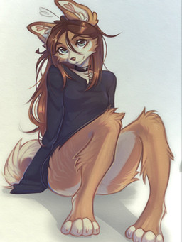 anthro biped bottomless bottomless_anthro bottomless_female breasts claws clothed clothed_anthro clothed_female clothing feet female front_view fur hair partially_clothed partially_clothed_anthro partially_clothed_female sitting smile solo tail toes yshanii cotton_(yshanii) canid canine canis dingo mammal 2025 3:4 digital_drawing_(artwork) digital_media_(artwork) hi_res
