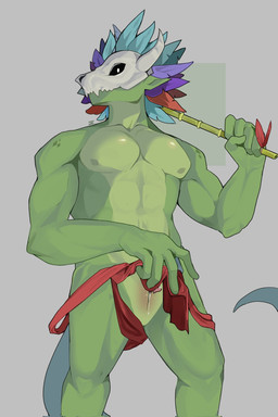 5_fingers animal_genitalia anthro bamboo bamboo_stick becoming_erect bodily_fluids bone bone_mask bottomwear bottomwear_pull bulge clothed clothing clothing_lift clothing_pull dripping feathered_headdress fingers genital_fluids genital_slit genitals glans green_body holding_object holding_stick logo loincloth loincloth_lift looking_aside male mask muscular muscular_anthro muscular_arms muscular_male pecs penis penis_tip pointy_ears precum precum_drip skull skull_mask solo stick topless topless_anthro topless_male butfdai terraria witch_doctor_(terraria) lihzahrd lizard reptile scalie 2026 artist_logo digital_media_(artwork) hi_res