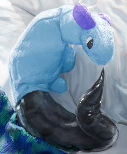 ambiguous_feral ambiguous_gender bed_sheet bedding black_body black_eyes black_skin black_tail blue_body blue_fabric feral glistening glistening_tail high-angle_view latex latex_tail light plushie purple_ears purple_fabric realistic realistic_lighting solo tail white_bedding water-s animate_inanimate latex_creature living_plushie 2026 english_description hi_res lighting