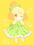 2016 accessory animal_crossing anthro barefoot biped black_nose blonde_hair bow_(feature) bow_accessory bow_ribbon candy canid canine canis clothing dessert domestic_dog dress english_text feet female food fur hair hair_accessory hair_bow hair_ribbon isabelle_(animal_crossing) japanese_text long_ears mammal nintendo one_eye_closed ribbons shih_tzu short_hair sirokuro smile solo text toy_dog white_body white_fur wink yellow_body yellow_fur
