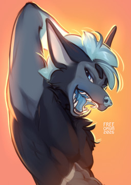 anthro biped fur hair looking_at_viewer male nude nude_anthro nude_male simple_background solo standing teeth tongue free-opium mammal unknown_species 2026 digital_drawing_(artwork) digital_media_(artwork) hi_res