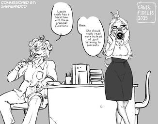 accessory anthro beverage biped bottomwear breasts chair clothed clothing collared_shirt dialogue dress_shirt drinking duo eyebrows eyewear female floppy_ears front_view furniture glasses hair hair_accessory hair_bun hair_sticks holding_beverage holding_eyewear holding_glasses holding_object inside looking_aside looking_at_another lop_ears male medium_breasts on_chair open_mouth pants shirt short_hair short_tail simple_background sitting sitting_on_chair skirt speech_bubble table tail teacher text tongue topwear wearing_glasses canisfidelis ms._haley_(canisfidelis) shane_boder_(shaneandco) canid canine canis dachshund domestic_dog hunting_dog mammal mastiff molosser rottweiler 2025 english_text hi_res monochrome