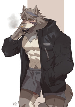 abs accessory anthro blush boxers_(clothing) cigarette claws clothed clothing fur genitals grey_body grey_clothing grey_fur grey_underwear hair_accessory hairclip hand_in_pocket holding_cigarette holding_object jacket male muscular muscular_anthro muscular_male nipples pecs penis penis_poking_out penis_through_leghole pockets smoking solo topwear underwear yellow_eyes hachi_duchi lifewonders tokyo_afterschool_summoners temujin_(tas) canid canine canis mammal wolf hi_res