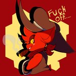 anthro blush cigar clothing cowboy_hat embarrassed hat headgear headwear horn kerchief male red_eyes smoking solo text yellow_sclera choco_bunbun kings_of_hell gremile_'hotshot' demon imp 1:1 absurd_res english_text hi_res