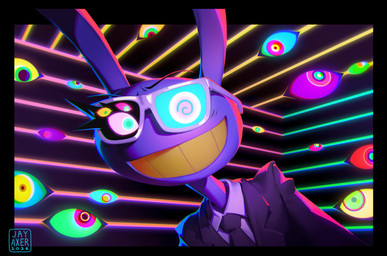 anthro black_tie_(suit) clothing cosplay crossover_cosplay eyewear glasses grin looking_at_viewer male purple_body smile solo suit j_axer glitch_productions max_headroom_(series) the_amazing_digital_circus jax_(tadc) max_headroom lagomorph leporid mammal rabbit 2026 crossover headshot_portrait hi_res portrait