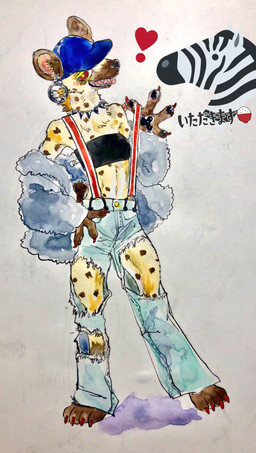 alternative_fashion anthro baseball_cap belt black_clothing blue_bottomwear blue_clothing blue_hat blue_headwear bottomwear breasts brown_body brown_fur brown_spots claws clothed clothing collar colored_nails crop_top denim denim_bottomwear denim_clothing denim_shorts ear_piercing ear_ring facial_piercing fangs feet female fingers fur hair hand_on_hip hat headgear headwear heart_symbol jacket jeans looking_at_viewer markings nails navel pants pawpads paws piercing red_eyes ring_piercing sharp_teeth shirt shorts simple_background small_breasts smile solo spiked_collar spikes spots spotted_body spotted_fur spotted_markings standing stripes suspenders tan_body tan_fur teeth toe_claws topwear torn_bottomwear torn_clothing torn_pants tuft white_clothing yellow_body yellow_teeth sibaketsu hyena mammal spotted_hyena 2018 full-length_portrait hi_res painting_(artwork) portrait traditional_media_(artwork)