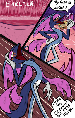 3_panel_comic ambiguous_gender anthro biped black_text dialogue exclamation_point fingers motion_lines open_mouth pose solo sound_effects speech_bubble standing talking_to_self text tongue water white_sclera white_text wounded yellow_eyes zincxiron nintendo pokemon pokemon_mystery_dungeon spike_chunsoft generation_8_pokemon inteleon pokemon_(species) shiny_pokemon 2026 absurd_res comic english_text hi_res