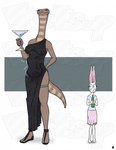 abdominal_bulge alcohol anthro barefoot beverage black_clothing black_dress black_footwear black_shoes blue_eyes blush bodily_fluids bottle bottomwear breasts clothing container dress duo_focus feet female footwear group larger_female long_neck nipple_outline oral_vore pink_bottomwear pink_clothing pink_skirt size_difference skirt smaller_female smile sweat trio vore ketsup cobra lagomorph leporid mammal rabbit reptile scalie snake distracting_watermark hi_res watermark