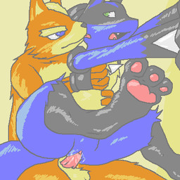 anthro anthro_on_anthro blue_body blue_eyes blue_fur bodily_fluids chair_position clothing cum duo erection fangs female female_penetrated fingerless_gloves from_behind_position fur genital_fluids genitals gloves green_eyes handwear licking male male/female male_penetrating male_penetrating_female nude orange_body orange_fur penetration penile penile_penetration penis penis_in_vagina sex sitting straddling teeth tongue tongue_out vaginal vaginal_fluids vaginal_penetration vulva 9_6 nintendo pokemon star_fox fox_mccloud canid canine fox generation_4_pokemon lucario mammal pokemon_(species) 1:1 2008 crossover low_res