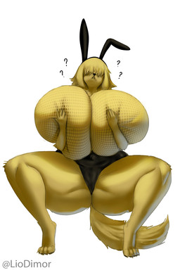 4_toes 5_fingers anthro big_breasts blonde_hair breasts camel_toe crouching fake_ears fake_rabbit_ears feet female female_anthro fingers fur hair hair_over_eyes hand_on_own_breast huge_breasts question_mark simple_background solo spread_legs spreading thick_thighs toes white_background yellow_body yellow_fur liodimor canid canine canis domestic_dog mammal 2026 2:3 absurd_res hi_res