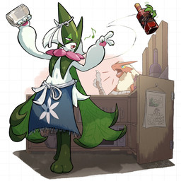 3_fingers 3_toes ambiguous_gender anthro bar bartender beak blue_eyes bottle calendar claws container duo feet finger_claws fingers flower_(anatomy) fur glass green_body green_fur jagged_mouth mask open_mouth pawpads paws pink_eyes pink_nose red_body toes wasawasa nintendo pokemon blaziken generation_3_pokemon generation_9_pokemon meowscarada pokemon_(species) 1:1 2026 hi_res