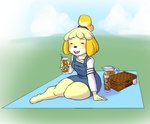 anthro beverage blush clothed clothing eyes_closed female fur hair open_mouth outside picnic sitting smile solo teeth thick_thighs tongue wide_hips yellow_body yellow_fur bluebun animal_crossing nintendo isabelle_(animal_crossing) canid canine canis domestic_dog mammal shih_tzu toy_dog