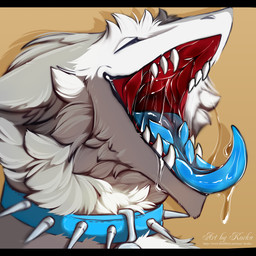 anthro bodily_fluids collar drooling fur grey_body grey_fur kenjisobased male mouth_shot open_mouth saliva solo tongue vore korka sergal 1:1 absurd_res hi_res
