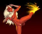 abs anthro blonde_hair blue_eyes breasts claws feathers female fire genitals hair kick long_hair looking_at_viewer muscular muscular_anthro muscular_female nipples non-mammal_breasts non-mammal_nipples nude pubes pussy red_nipples solo white_hair white_pubes pipyaka nintendo pokemon carmen_(boolean) avian blaziken generation_3_pokemon pokemon_(species) hi_res