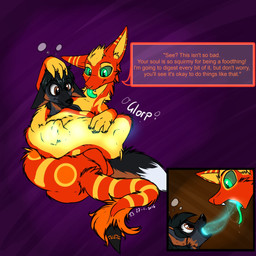 ambiguous_gender ambiguous_pred black_body black_fur bodily_fluids brown_eyes coiling cutaway cute_fangs dialogue duo ectoplasm eye_contact fangs feral fluffy fluffy_tail fur green_eyes green_tongue looking_at_another markings nude open_mouth orange_body orange_fur pattern_background purple_background ring_(marking) ringed_tail saliva saliva_string simple_background smile snout soul_stealing soul_vore striped_background striped_markings striped_tail stripes tail tail_markings teeth text tongue tongue_out vore yumiakiyama aronai ravi canid canine fox mammal zorgoia 1:1 english_text hi_res