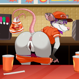 anthro anus bedroom_eyes bent_over black_hair bottomwear bottomwear_down breasts butt clothed clothing ear_piercing facial_piercing female flashing flashing_pussy fur genitals grey_body grey_fur grin hair happy looking_at_viewer looking_back looking_back_at_viewer multicolored_hair narrowed_eyes nose_piercing panties panties_down partially_clothed piercing presenting presenting_anus presenting_hindquarters presenting_vulva purple_hair seductive shorts shorts_down smile solo tail tail_anus teasing teeth thick_thighs three-quarter_view underwear underwear_down unprofessional_behavior vulva wide_hipped_female wide_hips yellow_eyes lonbluewolf american_opossum mammal marsupial virginia_opossum 1:1 2024 hi_res