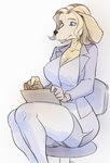 anthro big_breasts biped blonde_hair blue_eyes bottomwear breasts chair cleavage clothed clothing female female_anthro floppy_ears fully_clothed fur furniture garter_straps grey_bottomwear grey_clothing grey_jacket grey_legwear grey_skirt grey_thigh_highs grey_topwear hair jacket kemono legwear long_sleeves medium_hair miniskirt mouth_closed office_chair office_lady on_chair open_clothing open_jacket open_topwear pencil_skirt side_slit side_slit_clothing side_slit_skirt simple_background sitting sitting_on_chair skirt snout solo thigh_highs topwear white_background yellow_body yellow_fur kazuhiro canid canine canis domestic_dog mammal 2022 digital_media_(artwork)