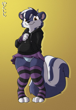 anthro big_tail bottomwear clothing femboy gloves handwear hoodie legwear looking_at_viewer male panties pattern_clothing pattern_gloves pattern_handwear pattern_legwear pattern_stockings skirt solo stockings striped_clothing striped_gloves striped_handwear striped_legwear striped_stockings stripes tail topwear underwear conditional_dnp yakukitsu yaku_(yakukitsu) domestic_cat felid feline felis hybrid mammal mephitid skunk