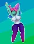 anthro big_breasts breasts canid canine featureless_feet feet female fur green_body green_fur hair huge_breasts mammal multicolored_hair one_eye_closed pink_ears solo sosere sosere_(character) stretching wink