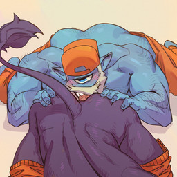 1_eye anal anthro arm_hair backwards_baseball_cap backwards_hat baseball_cap beard biped blue_body blue_eyes blush body_hair butt butt_grab butt_hair clothed clothing duo facial_hair hand_on_butt hat headgear headwear humanoid_pointy_ears leg_hair male male/male muscular muscular_male not_furry_focus open_mouth oral orange_clothing partially_clothed pointy_ears purple_body rimming sex simple_background spread_butt spreading tail tail_tuft teeth tuft nyuudles little_witch_academia studio_trigger bovid cyclops humanoid mammal 1:1 hi_res