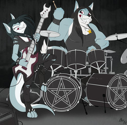 anthro bass_drum bass_guitar biceps biped black_bottomwear black_clothing black_hair black_nose black_pants black_shirt black_tank_top black_topwear bottomwear bracelet breasts clothed clothing countershade_face countershade_fur countershade_tail countershade_torso countershading cymbals digitigrade drum drum_set duo eyebrows eyes_closed fangs female front_view fur grey_body grey_fur grin guitar hair hi-hat holding_guitar holding_musical_instrument holding_object jewelry long_hair male muscular muscular_male musical_instrument necklace occult_symbol pants pecs pentagram percussion_instrument playing_music plucked_string_instrument shirt small_breasts smile snare_drum spiked_bracelet spikes string_instrument symbol tail tank_top teeth tom_drum topwear torn_bottomwear torn_clothing torn_pants torn_shirt torn_topwear white_body white_countershading white_fur fuf canid canine canis hybrid kangaroo macropod mammal marsupial wolf 2019 hi_res