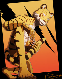 abs anthro claws covering covering_crotch crouching feet male muscular muscular_male nude nude_male smile solo tail tasteful_nudity toe_claws vermilionrenderworks enticia_(modeler) beastars bill_(beastars) bengal_tiger felid mammal pantherine tiger cel_shading hi_res shaded signature
