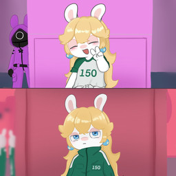 4_fingers ambiguous_anthro ambiguous_gender anthro bangs before_and_after belt bent_arm black_belt black_clothing black_gloves black_handwear black_mask blonde_hair blue_ear_piercing blue_eyes blush blush_lines closed_frown clothed clothed_ambiguous clothing ear_piercing eyelashes featureless_face female female_anthro fingers frown frowning_at_viewer fur gesture gloves green_jumpsuit group hair hand_gesture handwear happy inside lidded_eyes light long_ears long_hair looking_at_viewer mouth_closed noseless number_on_clothing open_mouth open_smile piercing pockets purple_jumpsuit purple_wall red_mouth red_wall shirt smile smiling_at_viewer solo_focus standing tan_eyelids tan_inner_ear topwear v_sign wall_(structure) white_body white_clothing white_fur white_shirt white_topwear peypey_mei1925 mario_bros mario_plus_rabbids_kingdom_battle nintendo raving_rabbids rayman_(series) seong_gi-hun's_before_and_after squid_game ubisoft guard_(squid_game) rabbid_peach lagomorph mammal rabbid 1:1 2025 crossover digital_drawing_(artwork) digital_media_(artwork) english_description hi_res lighting meme multiple_scenes shaded