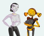 braces breasts duo female hands_on_hips looking_aside machine metallic_body naughty_face nipples not_furry open_mouth open_smile smile impstripe blue_sky_studios robots_(film) cappy_(robots) piper_pinwheeler humanoid robot robot_humanoid 2022 hi_res