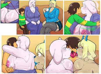 5_fingers annoyed anthro anthro_on_anthro antlers areola beckoning beverage big_areola big_breasts big_butt big_horn black_eyes blockage_(layout) blonde_hair blue_bottomwear blue_clothing blue_eyes blue_horn blue_jacket blue_lips blue_lipstick blue_nose blue_skirt blue_topwear blush blush_lines bodily_fluids border bottomwear breasts brown_hair butt clothed clothing clothing_pull container cup curvy_figure cutaway dialogue duo eyelashes eyes_closed female female/female fingers five_frame_image freckled_breasts freckled_chest freckles french_kissing fur furniture gesture glistening glistening_body glistening_breasts glistening_butt glistening_clothing glistening_legs glistening_nipples glistening_skin glistening_thighs green_clothing green_shirt green_topwear grey_clothing grey_legwear grey_stockings group group_sex hair hair_over_eyes half-closed_eyes heart_symbol horn huge_breasts huge_butt human_on_anthro interspecies inviting jacket kissing larger_anthro larger_female legwear lips lipstick long_ears long_eyelashes looking_pleasured makeup male male/female mature_anthro mature_female motion_lines multicolored_clothing multicolored_shirt multicolored_topwear narrowed_eyes nervous nervous_smile nipple_dip nipple_outline nipples on_sofa open_mouth oral panties panty_pull pink_areola pink_clothing pink_nipples pink_thong pink_underwear purple_bottomwear purple_clothing purple_topwear sex shirt short_horn simple_background size_difference skirt small_horn smaller_human smaller_male smile sofa stockings surprise_kiss sweat sweaty_breasts sweaty_face tan_body tan_fur tan_skin tea tea_cup tear_trough text thick_thighs thong thong_pull threesome threeway_kiss tongue tongue_out topless topless_anthro topless_female topwear trio two_tone_clothing two_tone_shirt two_tone_topwear underwear underwear_pull voluptuous voluptuous_anthro voluptuous_female white_body white_border white_ears white_fur white_horn white_sclera white_skin wide_eyed yellow_body yellow_skin thenewpassion deltarune undertale undertale_(series) carol_holiday kris_dreemurr toriel boss_monster_(undertale) bovid caprine deer goat human humanoid mammal new_world_deer reindeer 2026 absurd_res colored comic digital_drawing_(artwork) digital_media_(artwork) english_text hi_res shaded pseudo_incest_(lore)