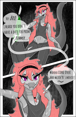 anthro big_breasts biped black_clothing black_shirt black_tank_top black_topwear bottomwear breasts cigarette clothed clothed_anthro clothed_female clothed_human clothed_male clothing crossgender dialogue duo female fingers front_view green_clothing green_shirt green_topwear grey_bottomwear grey_clothing grey_pants hair holding_cigarette holding_object human_on_anthro humanoid_hands interspecies inviting long_hair long_tail male male/female markings mtf_crossgender navel neck_markings non-mammal_breasts pants pink_hair purple_eyes shirt smile speech_bubble striped_markings stripes tail talking_to_another tank_top text topwear torn_bottomwear torn_clothing torn_pants gothgator0 cavemanon_studios goodbye_volcano_high ko_op_(game_developer) snoot_game anon_(snoot_game) reed_(gvh) reeda dinosaur dromaeosaurid human mammal prehistoric_species reptile saurischian scalie theropod velociraptor absurd_res colored comic english_text hi_res