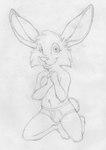 anthro biped bulge cheek_tuft clothing dipstick_ears ear_markings facial_tuft kneeling long_ears looking_at_viewer male multicolored_ears simple_background solo teeth tuft underwear white_background young young_anthro mizzyam jake_cottontail lagomorph leporid mammal rabbit 2018 greyscale hi_res monochrome traditional_media_(artwork)