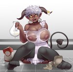 apron areola big_breasts black_sclera blush blush_lines breasts choker cleavage clothed clothing curved_horn dark_body dark_skin ear_piercing ear_ring egg female flour front_view grey_clothing grey_horn grey_legwear grey_stockings hair holding_object horizontal_pupils horn huge_breasts humanoid_pointy_ears jewelry legwear looking_at_viewer necklace nipples open_mouth open_smile piercing pink_areola pink_nipples pointy_ears pupils ring_piercing short_hair sitting smile solo spade_tail stockings tail thick_thighs translucent translucent_clothing wet wet_clothing white_apron white_clothing white_hair wide_hips yellow_eyes imaginaricide plus-sized_elf satero_(plus-sized_elf) demon demon_humanoid horned_humanoid humanoid satyr tailed_humanoid hi_res