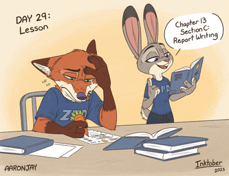 4_claws 4_fingers anthro arm_support arm_tuft biped black_claws black_eyebrows black_nose black_pawpads blue_book blue_text bodily_fluids book bottomwear brown_markings buckteeth carrot_pen chair cheek_tuft claws clothed clothed_anthro clothed_female clothed_male clothing count countershade_face countershade_neck countershade_tail countershading crying day_count dipstick_ears duo ear_markings ears_down ears_up elbow_tuft eyebrows eyelashes facial_tuft feet female female_anthro finger_claws fingerpads fingers fur fur_tuft furgonomic_bottomwear furgonomics furniture gloves_(marking) green_eyes grey_body grey_ears grey_fur holding_book holding_object holding_pen humanoid_hands humor inner_ear_fluff leaning_on_elbow male male_anthro markings multicolored_body multicolored_ears multicolored_fur on_chair open_book open_mouth orange_body orange_fur orange_tuft pants paper pawpads pen pink_inner_ear pink_nose pivoted_ears pointy_ears prick_ears pupils purple_eyes rabbit_ears raised_finger reading reading_book red_body red_fur red_tongue scut_tail shirt short_tail sitting sitting_on_chair smile snout standing studying t-shirt table tail talking_to_another tan_body tan_claws tan_countershading tan_inner_ear tan_inner_ear_fluff tan_nose teaching tears teeth text text_on_clothing text_on_shirt text_on_topwear tongue topwear tuft two_tone_body two_tone_fur vowelless vowelless_vocalization white_speech_bubble aar0njay disney inktober inktober_2025 zootopia judy_hopps nick_wilde canid canine european_rabbit fox lagomorph leporid mammal oryctolagus rabbit red_fox true_fox 2025 artist_name colored dated digital_media_(artwork) english_description english_text