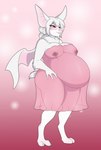 anthro belly big_belly big_breasts big_ears breasts clothed clothing eyelashes female fur hair membrane_(anatomy) membranous_wings narrowed_eyes nipples pink_clothing pink_wings pregnant pregnant_anthro pregnant_female red_eyes solo standing translucent translucent_clothing white_body white_ears white_fur white_hair white_wings wings milk-jug bat mammal full-length_portrait hi_res portrait