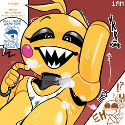 armpit_fetish beakless bib black_eyebrows black_sclera blonde_hair blush blush_stickers bodily_fluids breasts embarrassed eyebrows eyelashes female greeting hair hand_behind_head head_tuft machine musk open_mouth open_smile pupils rosy_cheeks security security_guard sharp_teeth short_hair smile solo_focus sweat sweatdrop teeth teeth_showing text tuft white_eyes white_pupils yellow_body tdtbaa five_nights_at_freddy's five_nights_at_freddy's_2 scottgames toy_chica_(fnaf) animatronic avian bird chicken galliform human mammal phasianid robot 1:1 absurd_res artist_name english_text hi_res watermark