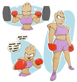 abs athletic bodily_fluids bottomwear boxing_gloves bra breasts brown_body brown_skin clothed clothing crossgender crouching determined dialogue exercise eyelashes female frown handwear midriff muscular muscular_female navel noseless not_furry open_mouth pokemorph pose purple_clothing shorts simple_background solo sports_bra standing sweat text underwear weightlifting weights white_background workout shoutingisfun nintendo pokemon generation_1_pokemon hitmonchan humanoid pokemon_(species) 2018 digital_media_(artwork) english_text half-length_portrait hi_res portrait