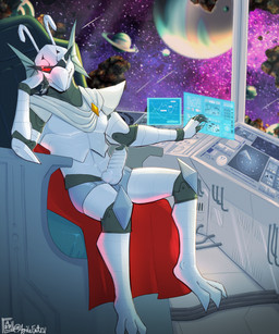 3_toes antennae_(anatomy) anthro armor cape chair claws clothing detailed_background erection eyewear feet furniture genitals glowing glowing_eyes knot looking_at_viewer machine male penis planet relaxing ridged_knotted_penis ridged_penis screen sitting smile smirk solo space spacecraft sunglasses technology toes vehicle exsys lieutenant_lazarus avian bird hybrid robot saber_droid 5:6 absurd_res digital_media_(artwork) hi_res huge_filesize