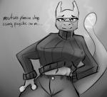 anthro big_breasts blush bottomwear breasts clothing denim denim_bottomwear denim_clothing eyewear female glasses jeans looking_at_viewer pants scrap simple_background solo sweater tail thick_thighs topwear ppmp nintendo pokemon generation_1_pokemon legendary_pokemon mewtwo pokemon_(species) absurd_res greyscale hi_res monochrome sketch