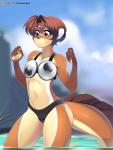 anthro bikini blush brown_body brown_eyes brown_fur brown_nose claws clothed clothing countershading ear_tuft facial_markings female flat_chested fur googly_boobs googly_eyes hair head_markings long_tail markings muscular muscular_anthro muscular_female scar short_hair shy skimpy solo spandex swimwear tail thick_thighs tight_clothing tuft two-piece_swimsuit wet white_marks tsampikos tylowell mikhaila_kirov mammal mustelid otter digital_media_(artwork) hi_res shaded